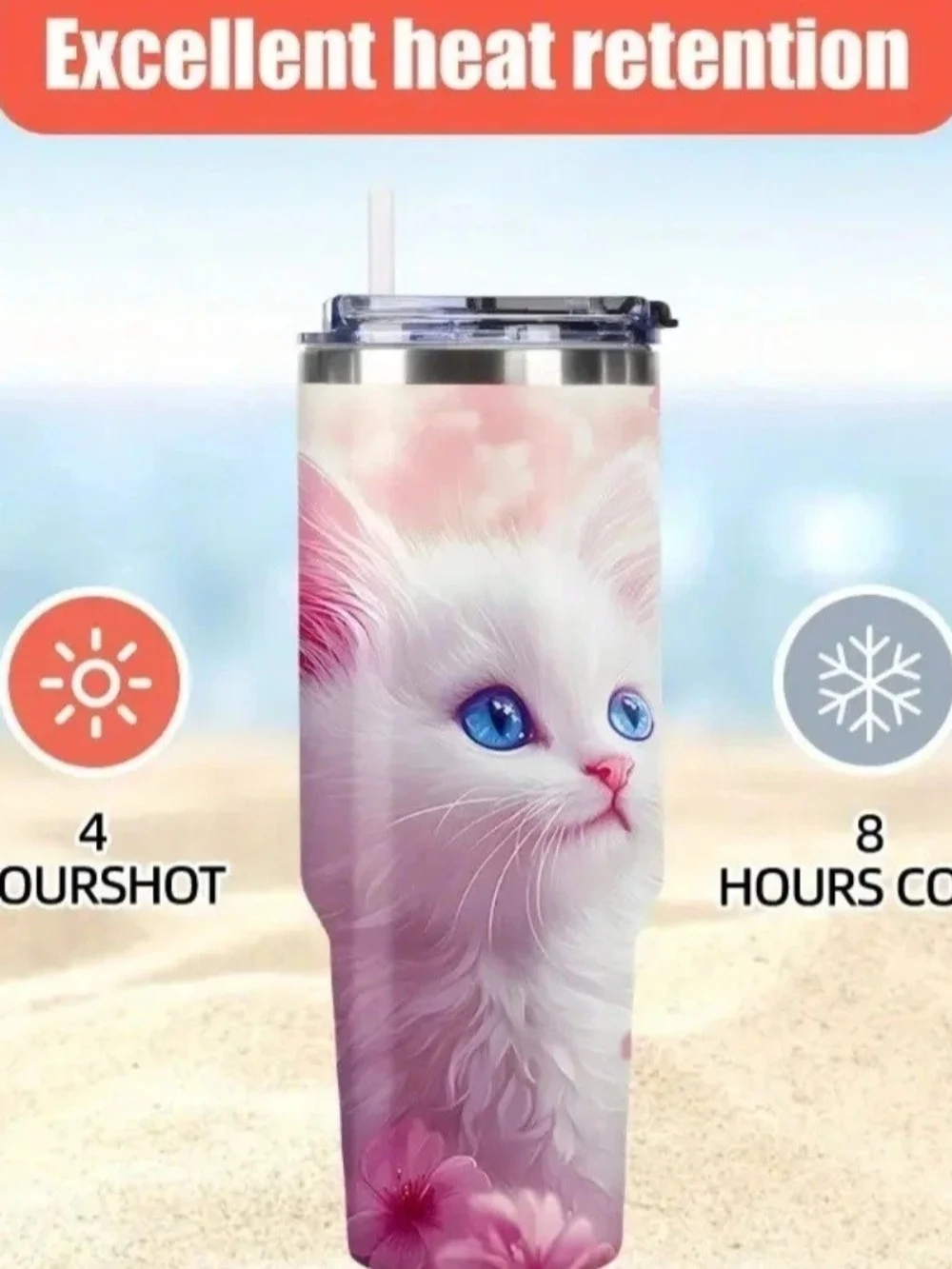 Pink Floral Stainless Steel Cat Insulated Tumbler W/White Kitten Design. $38.00